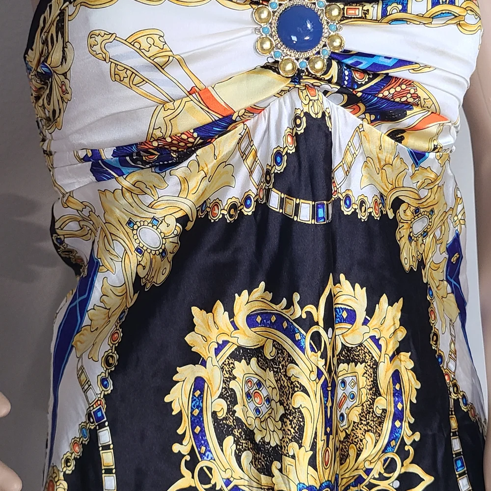Cache Strapless Baroque-Print Satin Tank Top in Black, Gold, Blue, and White - Picture 2 of 11